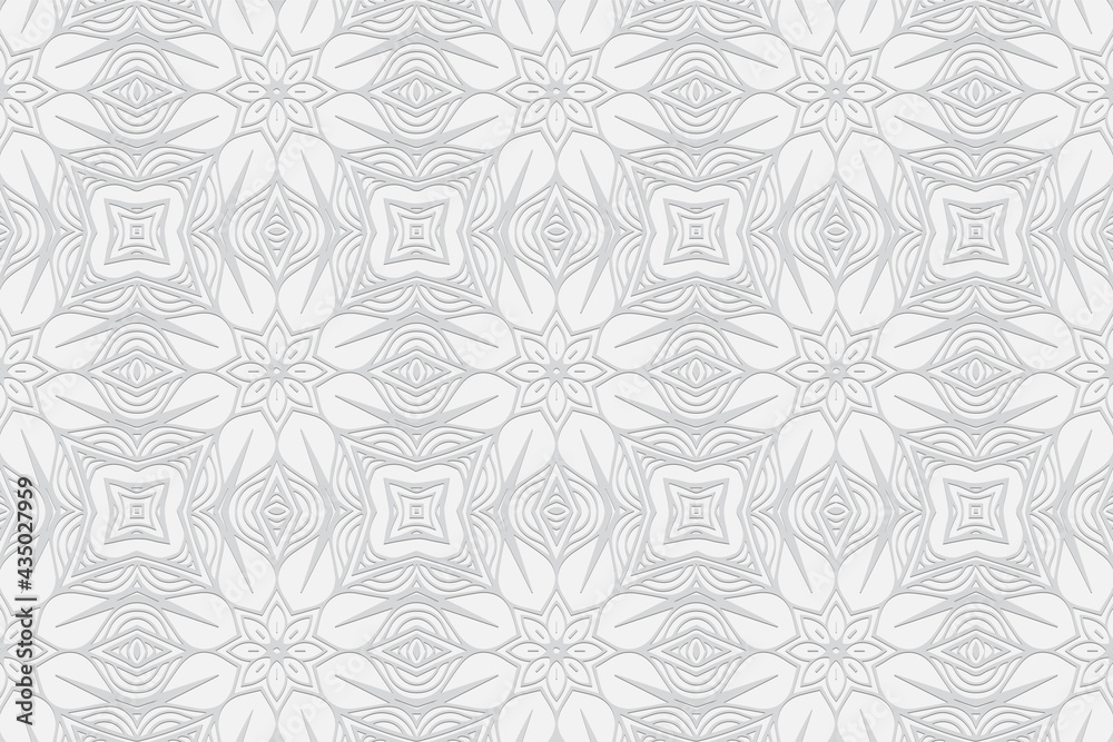 3D volumetric convex embossed geometric white background. Ethnic pattern with national oriental flavor. Floral ornament for wallpaper, website, textile, presentation.