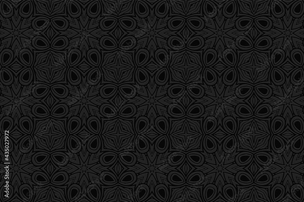 3D volumetric convex embossed geometric black background. Ethnic pattern with national oriental flavor. Abstract stylish ornament for wallpaper, website, textile, presentation.