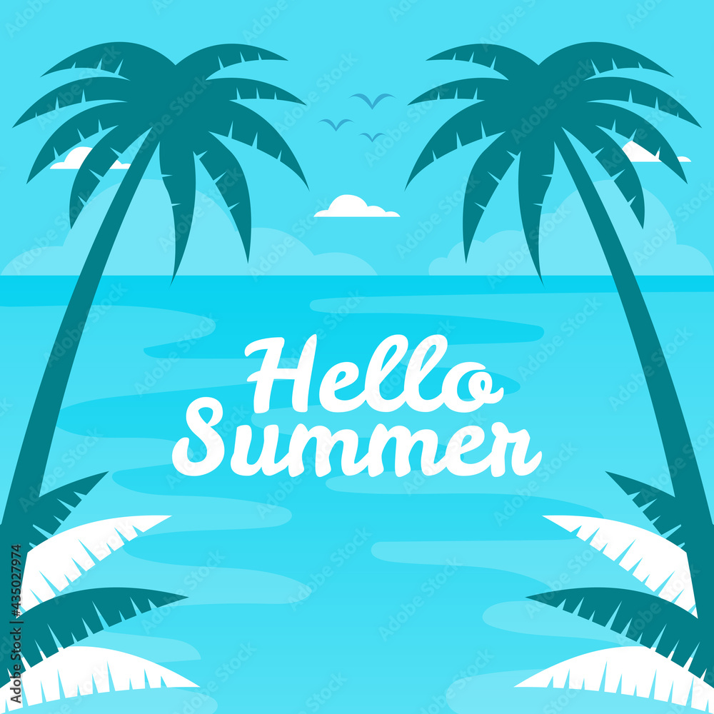 Hand draw illustration of summer background. Tropical plants, flower, beach ball and starfish. Design template for banner, flyer.