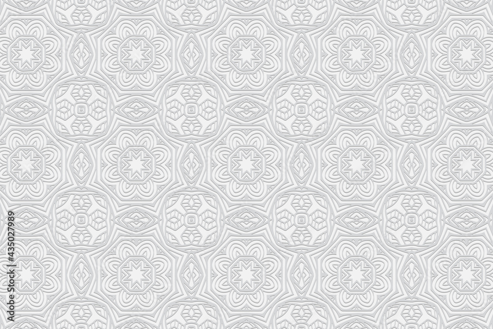 3D volumetric convex embossed geometric white background. Ethnic pattern with national oriental flavor. Abstract graceful ornament for wallpaper, website, textile, presentation.