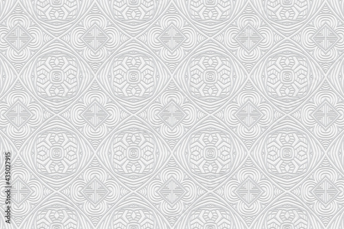 3D volumetric convex embossed geometric white background. Ethnic pattern with national oriental flavor. Unique decorative ornament for wallpaper, website, textile, presentation. 