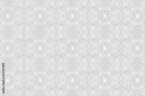 3D volumetric convex embossed geometric white background. Ethnic pattern with national oriental flavor. Abstract graceful ornament for wallpaper, website, textile, presentation. © swetazwet