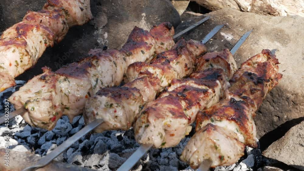 grilling meat on skewers in the forest. active lifestyle concept grilling meat on skewers in the forest. active lifestyle concept