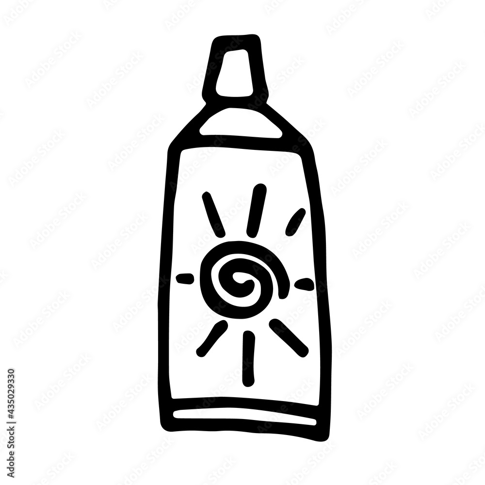 Sunscreen cream in doodle style. Hand drawn vector illustration isolated on white background. Sunblock sign for the themes of travel, vacation, tourism.
