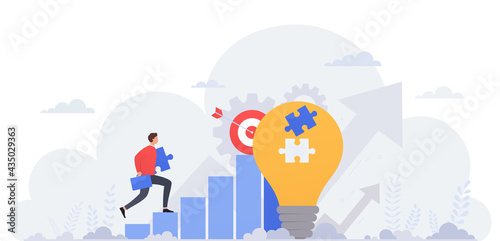 Business concept of goal achievement, professional development, career building and capital gains. Businessman moving up the graph, motivation and success.