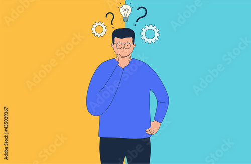 Concept of thinking and choice, thoughtfulness and problem solving. Man chooses between two options.