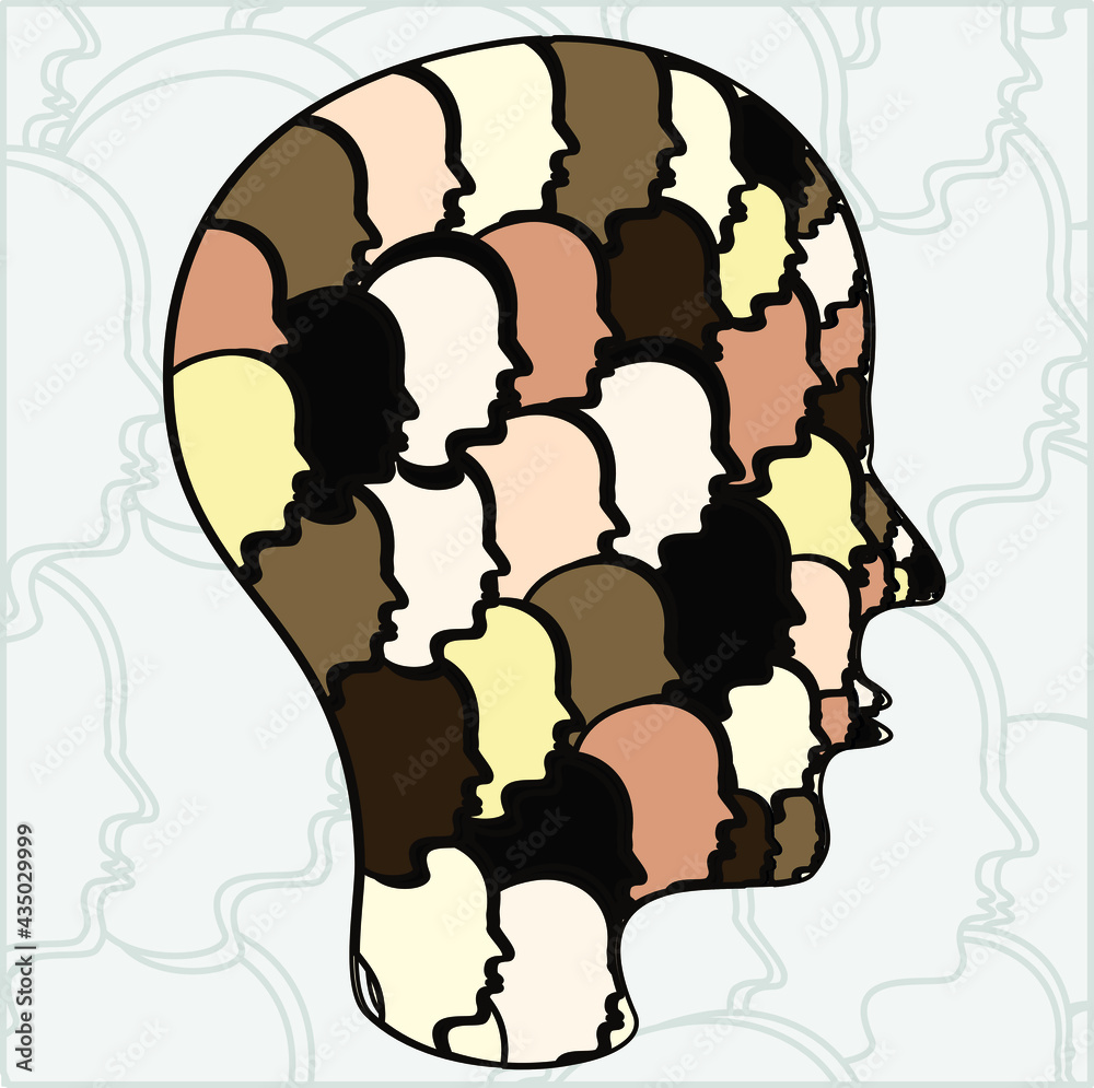 Big vector icon of the human's head silhouette made of a lot of small icons with faces in different colors. It represents the diversity and equality of races. Background is made of silhouettes in grey