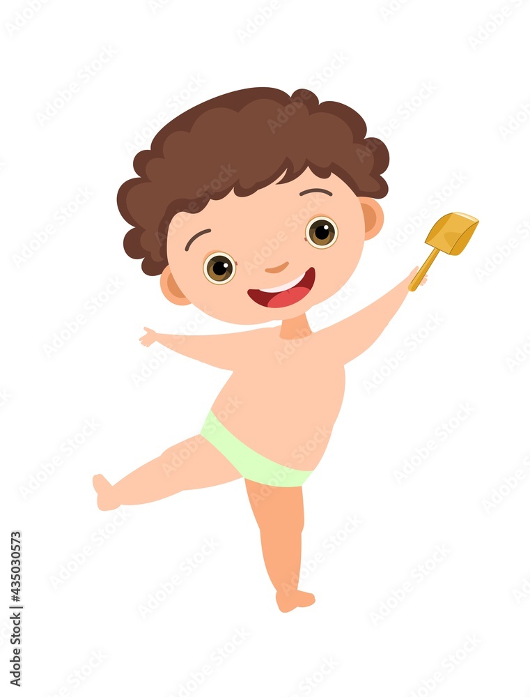 Cheerful boy rejoices. Prepared for water games in the sea, river or pool. In beachwear. Isolated on white background. Illustration in cartoon style. Flat design. Vector art Cheerful boy rejoices. Prepared for water games in the sea, river or pool. In beachwear. Isolated on white background. Illustration in cartoon style. Flat design. Vector art