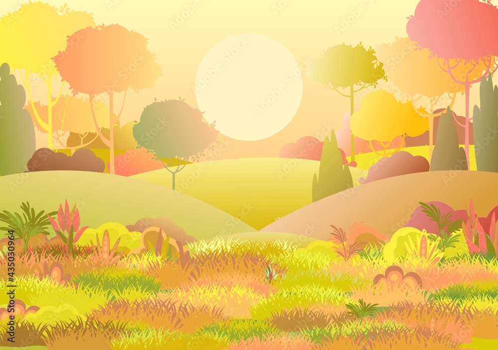 Autumn rural beautiful landscape. Fog. Meadow with glade. Cartoon style. Hills with grass and red trees. Lush meadows. Cool romantic beauty. Flat design illustration. Vector graphics
