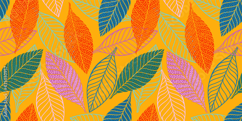 Bright funny seamless pattern with abstract leaves. Vector design