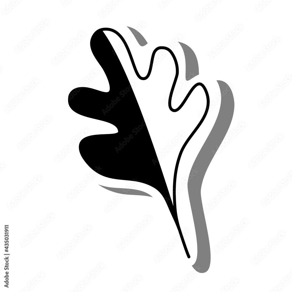 Obraz premium Black line cartoon simple leaf on white silhouette and gray shadow. Icon Emoji for decoration or any design. Vector illustration of nature.