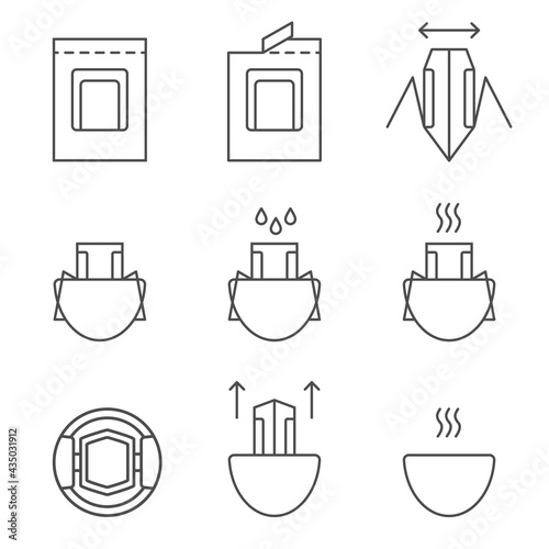 Drip coffee bag for easy brewing in a cup. Set of vector icons, black isolated illustration on white background. Instructions for making fresh coffee drink drip method
