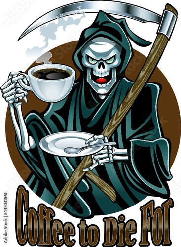 grim reaper holding cup of coffee and plate
