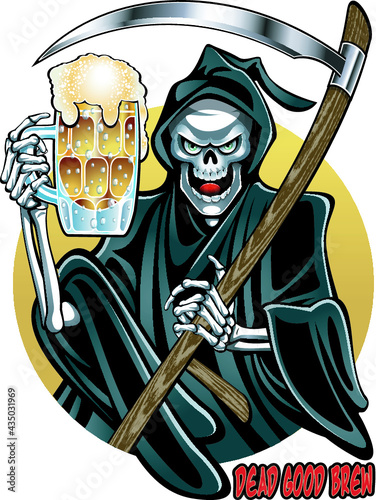 grim reaper holding foaming bee mug and scythe