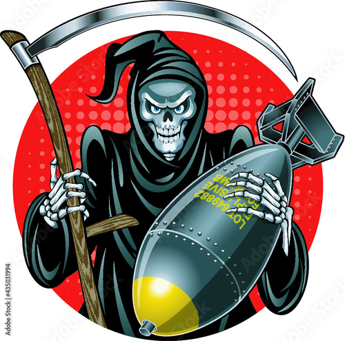 grim reaper holding scythe and air bomb