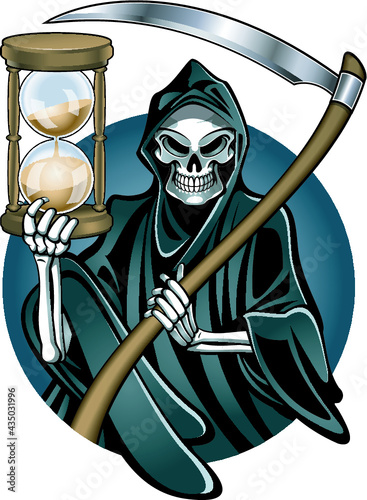 grim reaper holding hourglass and scythe