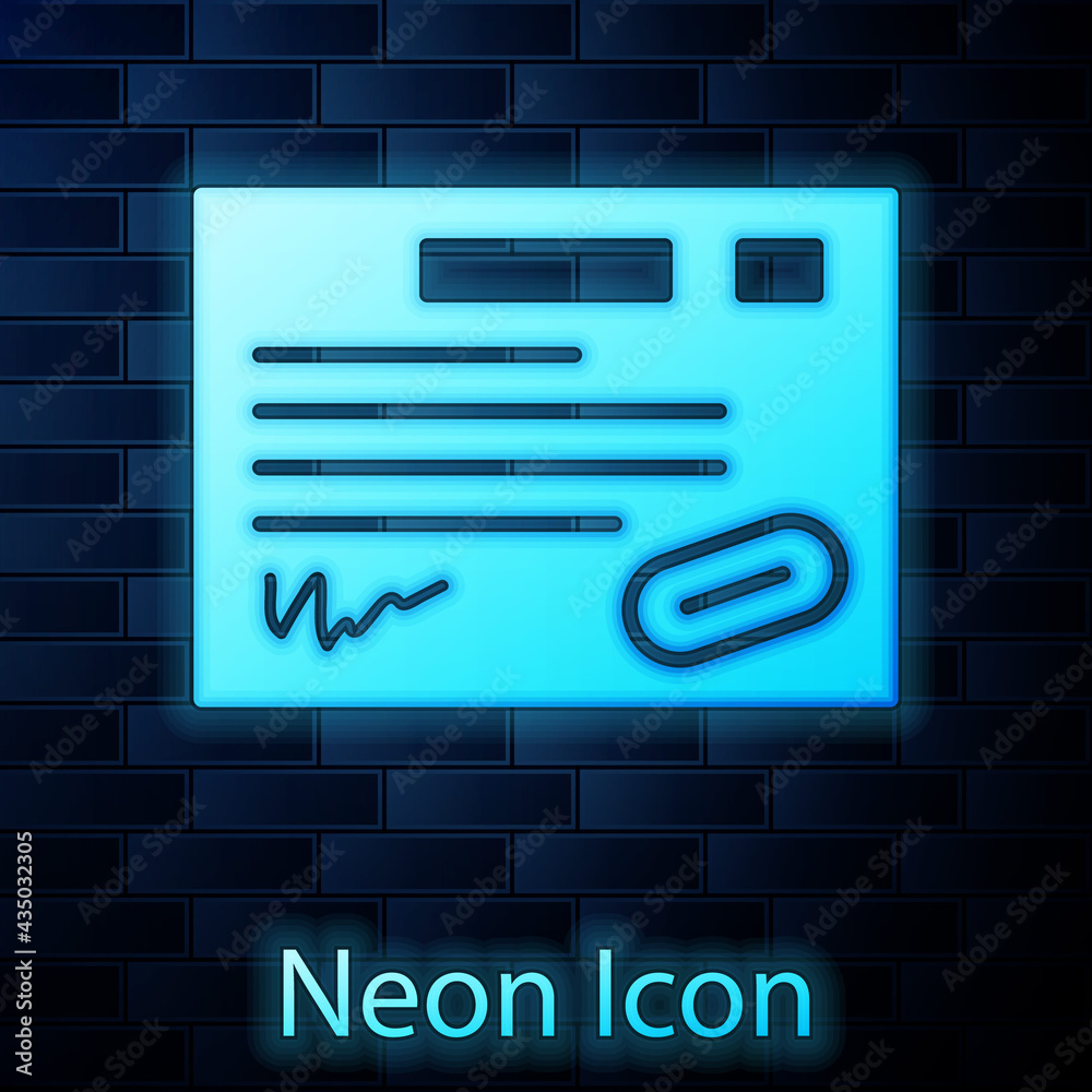 Glowing neon Warranty certificate template icon isolated on brick wall background. Vector Illustration Glowing neon Warranty certificate template icon isolated on brick wall background. Vector Illustration