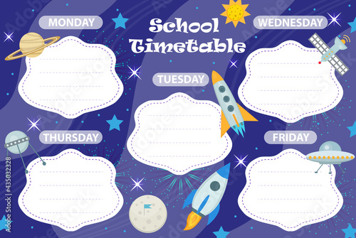 Weekly school timetable template with cute design elements. Weekday planner for kids. vector illustration