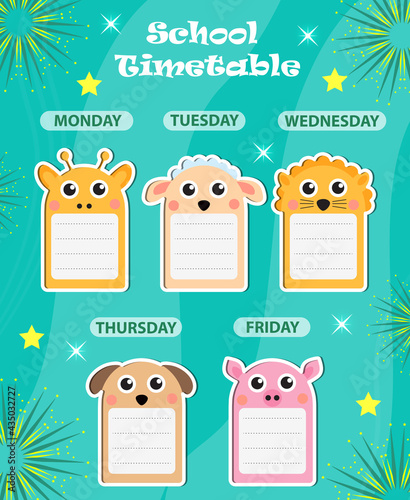 Weekly school timetable template with cute design elements. Weekday planner for kids. vector illustration