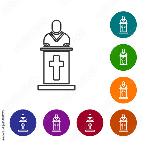 Black line Church pastor preaching icon isolated on white background. Set icons in color circle buttons. Vector Illustration