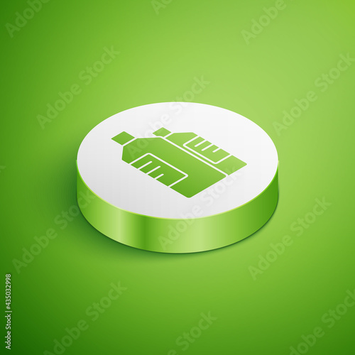 Isometric Plastic bottles for laundry detergent, bleach, dishwashing liquid or another cleaning agent icon isolated on green background. White circle button. Vector Illustration