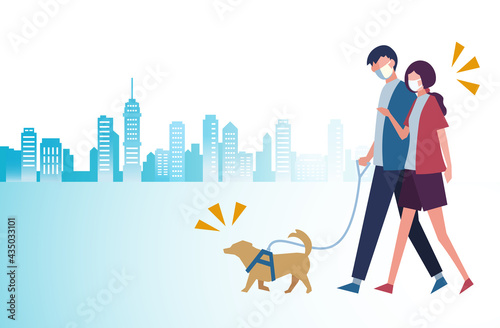 マスクを着用して犬と一緒に散歩する男女　都市背景　人物フラットイラスト