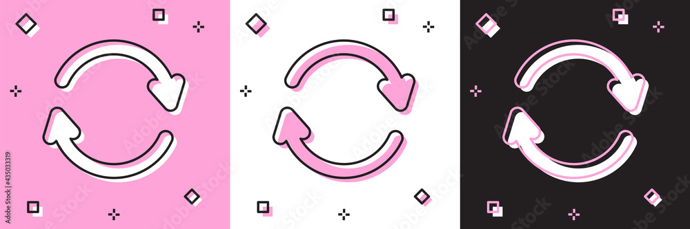 Set Refresh icon isolated on pink and white, black background. Reload symbol. Rotation arrows in a circle sign. Vector Illustration Set Refresh icon isolated on pink and white, black background. Reload symbol. Rotation arrows in a circle sign. Vector Illustration