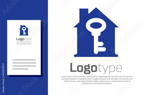 Blue House with key icon isolated on white background. The concept of the house turnkey. Logo design template element. Vector