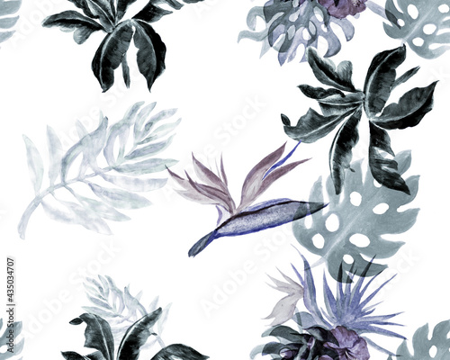 Blue Monstera Leaves. Indigo Banana Leaf Textile. Cobalt Seamless Leaves. Navy Pattern Wallpaper. Azure Watercolor Decor. Tropical Background. Botanical Set.