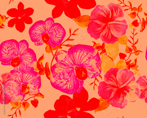 Red Botanical Texture. Coral Orchid Garden. Pink Hibiscus Texture. Flower Painting. Watercolor Painting. Seamless Backdrop. Pattern Backdrop. Vintage Backdrop.