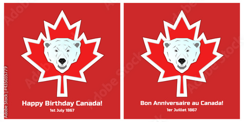 Festive poster with maple leaf and muzzle of polar bear. The lettering in French means Happy Birthday Canada. 1st July 1867