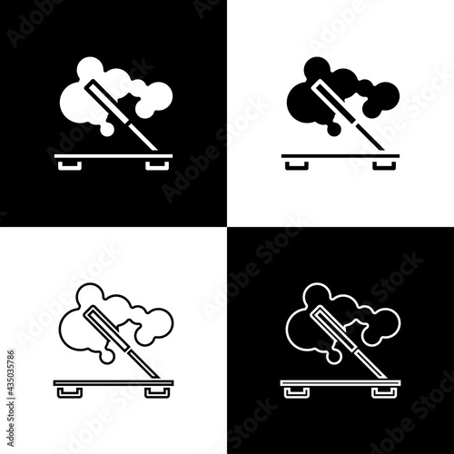 Set Scented spa stick on a wooden stand icon isolated on black and white background. Incense stick. Cosmetic procedure aromatherapy. Vector