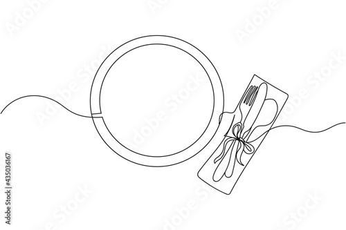 Continuous one line of christmas table setting in silhouette. Linear stylized. Minimalist.