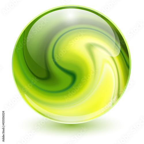 3D crystal, glass sphere green with abstract spiral shape inside, interesting marble ball.