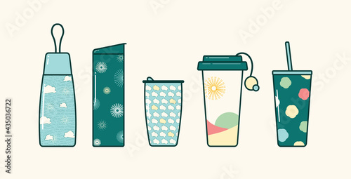 Set of zero-waste water Bottle and tumbler in illustration vector flat design
