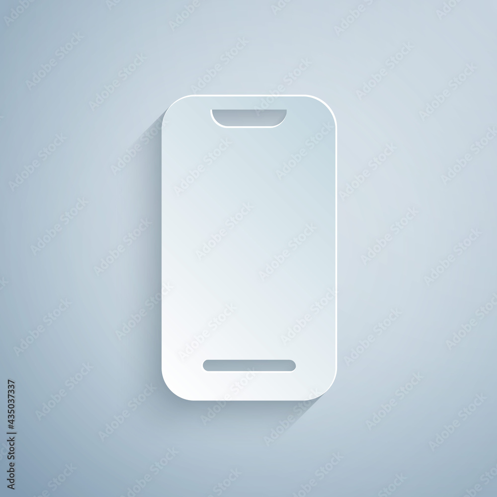 Paper cut Smartphone, mobile phone icon isolated on grey background. Paper art style. Vector