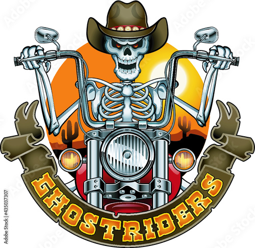 skeleton with cowboy hat riding motorcycle