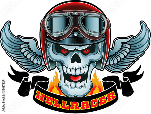 skull wearing crash helmet and goggles, banner with text "hellracer"