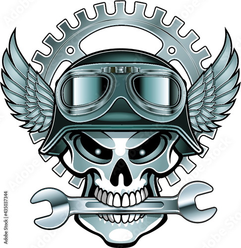 human skull with helmet googles, wrench s and sprocket 
