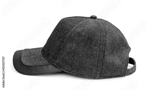 Black baseball cap on white background.