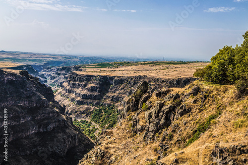 Top view of the Kasakh River canyon near Sagmosavank Monastery on the eastern outskirts of Sagmosavan village in Aragatsotn district. Armenia photo