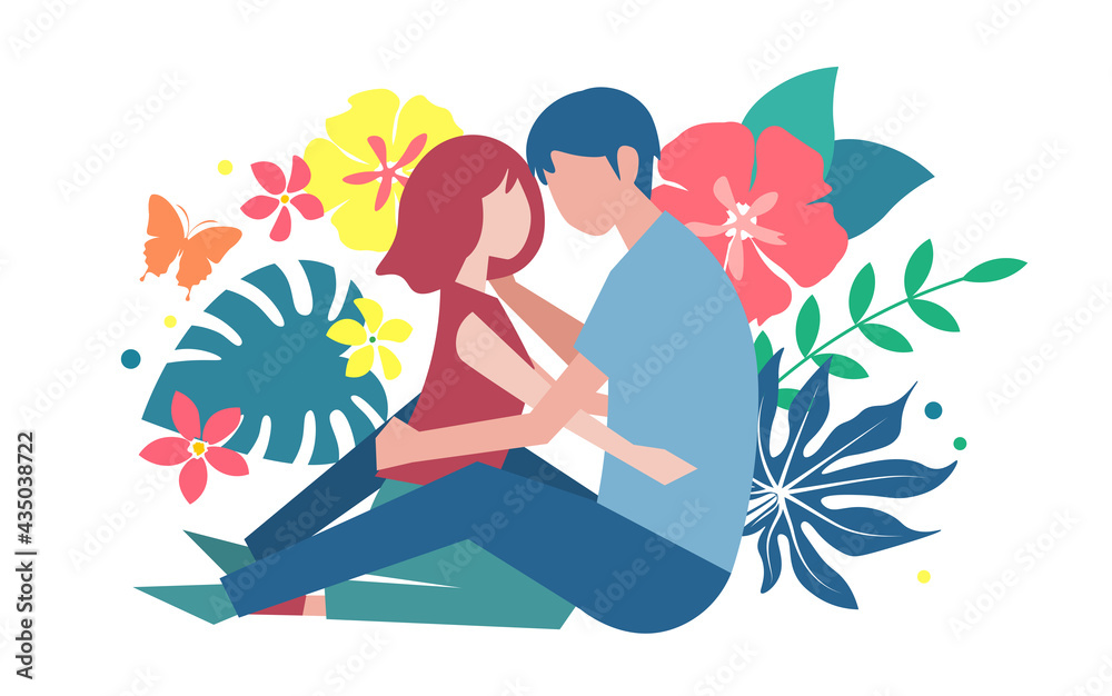 抱き合う男女　恋人　パートナー　見つめ合う　南国植物　人物　フラットイラスト romance, couple