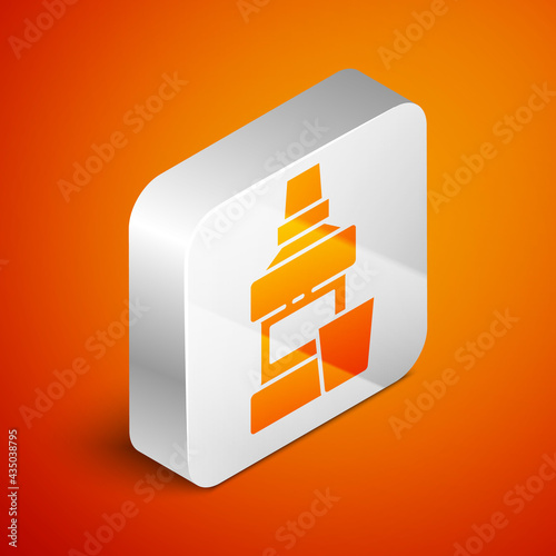 Isometric Mouthwash plastic bottle and glass icon isolated on orange background. Liquid for rinsing mouth. Oralcare equipment. Silver square button. Vector