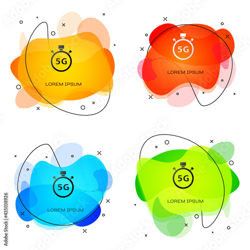 Black Digital speed meter concept with 5G icon isolated on white background. Global network high speed connection data rate technology. Abstract banner with liquid shapes. Vector