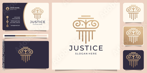Symbol justice law logo vector design. premium justice. law firm, luxury , gold , logo design and business card template. Premium Vector