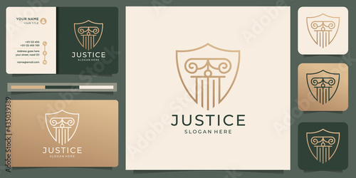 justice Law firm logo with shield design concept. creative design justice ,law firm , line art style and business card template. Premium Vector