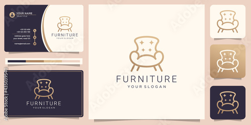 Minimalist furniture logo with chair design for store.outline logo design, style, line.abstract,interior,monogram,Furnishing logo design with business card template illustration. Premium Vector