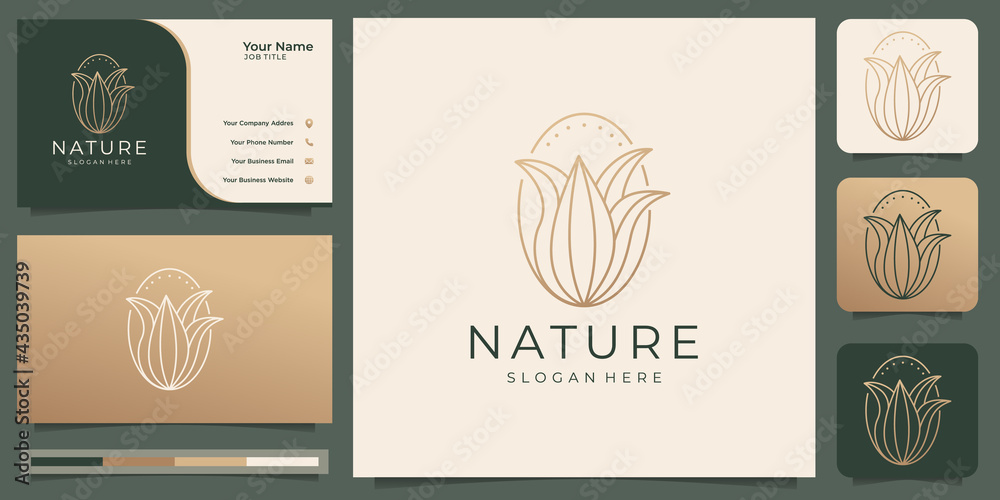 nature flower logo line art style with business card . logo for beauty, cosmetics, yoga and spa. Premium Vector nature flower logo line art style with business card . logo for beauty, cosmetics, yoga and spa. Premium Vector