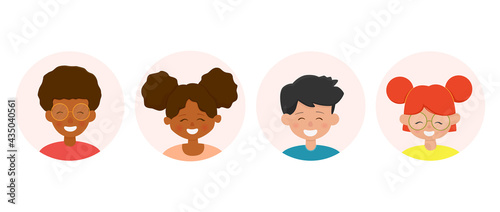 Set of kids faces. Multiracial smiling children. Happy cute cartoon boys and girls avatars vector collection.