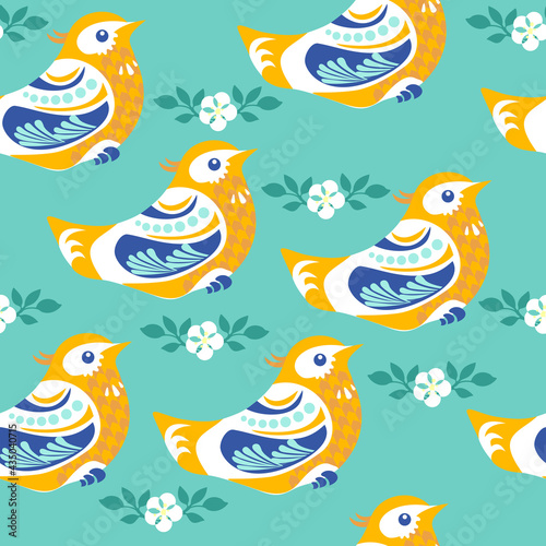 seamless background ornament with birds in blossom